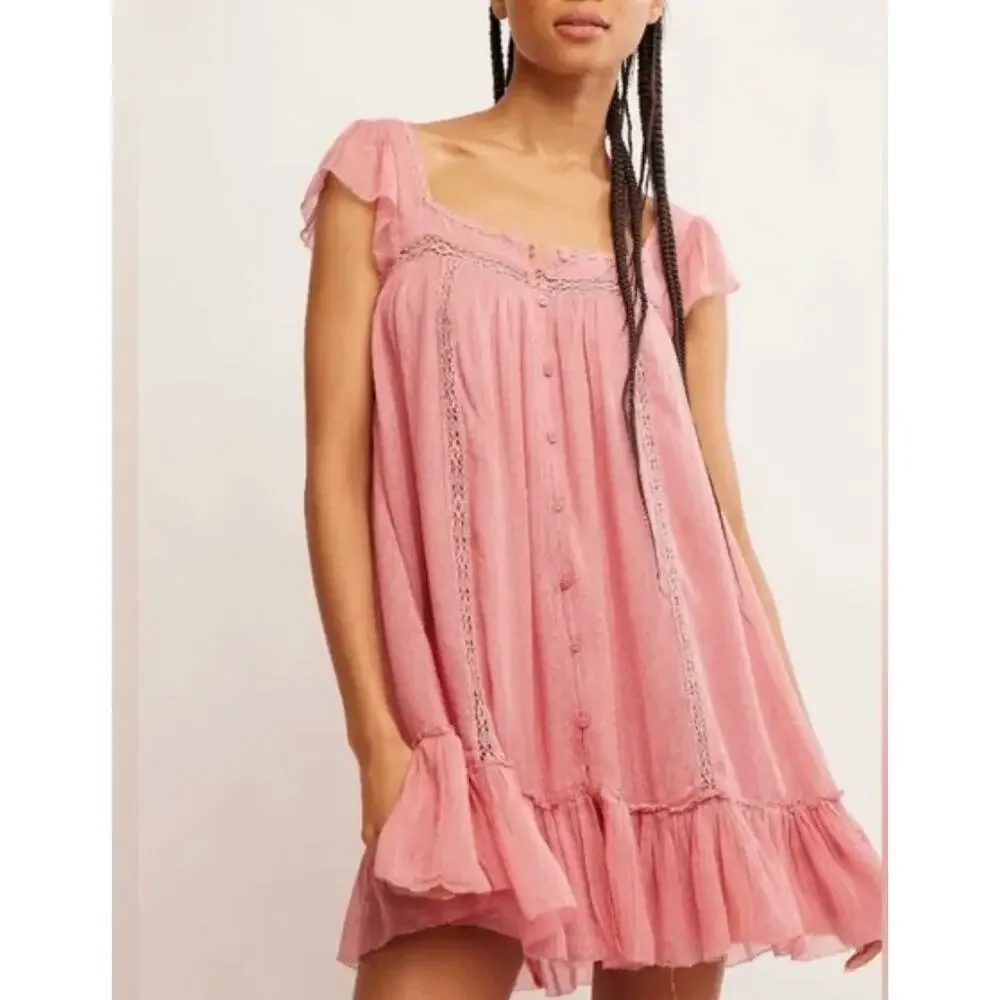 NWT Free People Pink Olivia Gauze Babydoll Dress Size S NWT - Picture 1 of 16